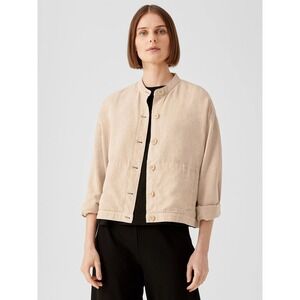 Eileen Fisher Linen Blend Stand Collar Jacket Boxy Fit Khaki Tan Medium